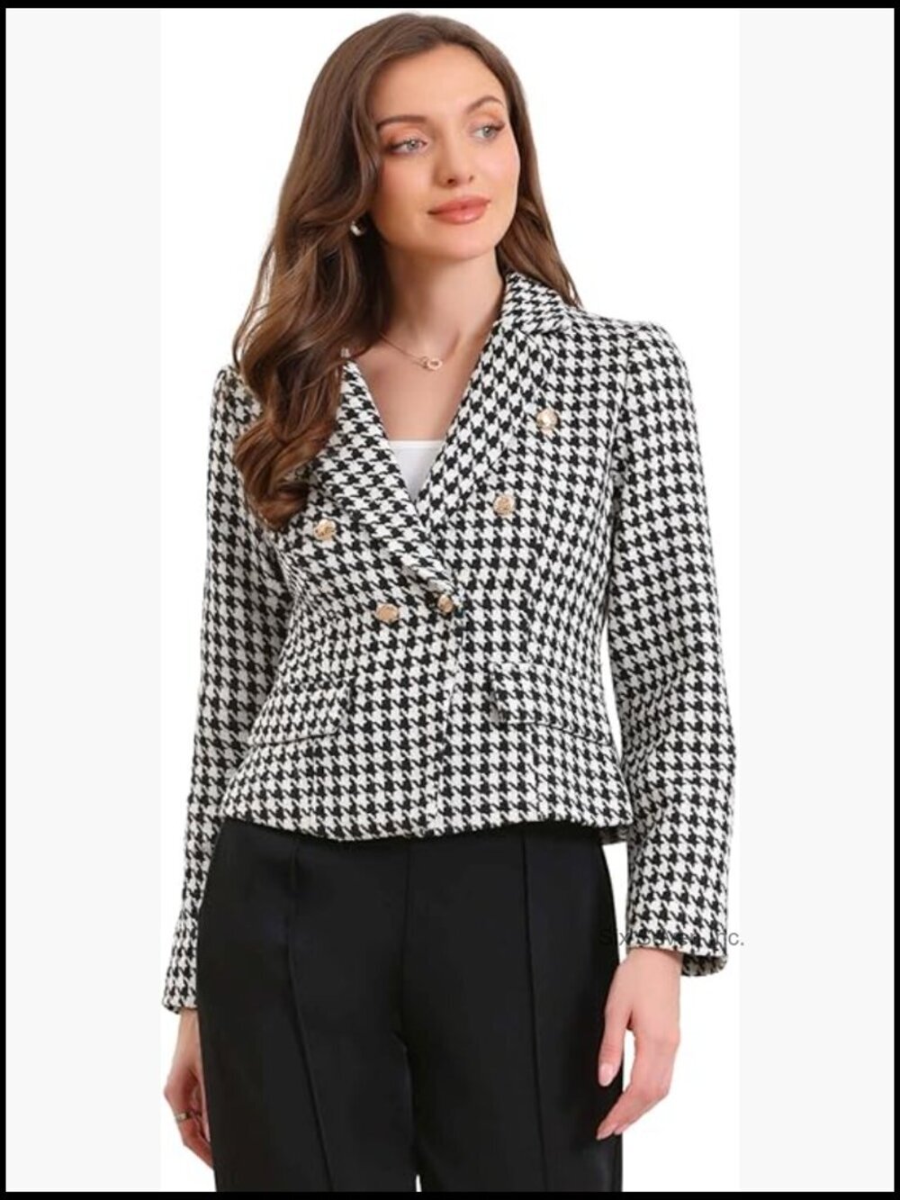 Houndstooth Plaid Cropped Blazer Notch Lapel Long Sleeve Button Down Suit